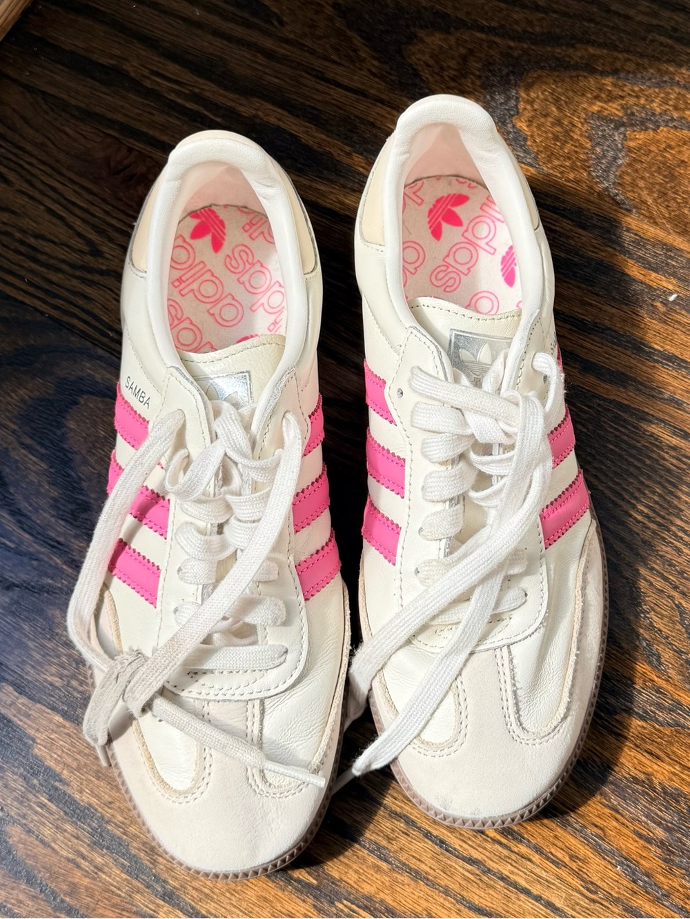 adidas Women's Cream Sneakers with Pink Stripe Accents